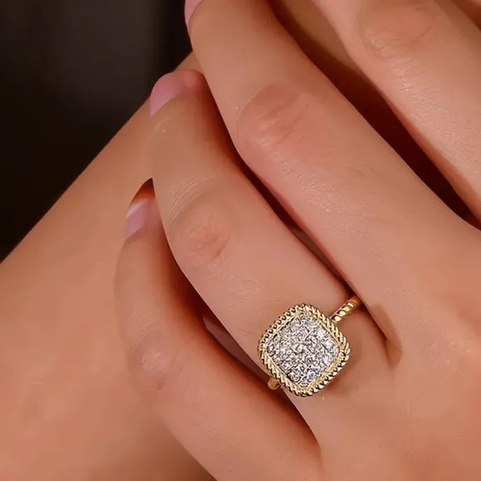 Modern Two-Tone Brass Women’s Wedding Band Ring Square Shape Cubic Zirconia Jewelry