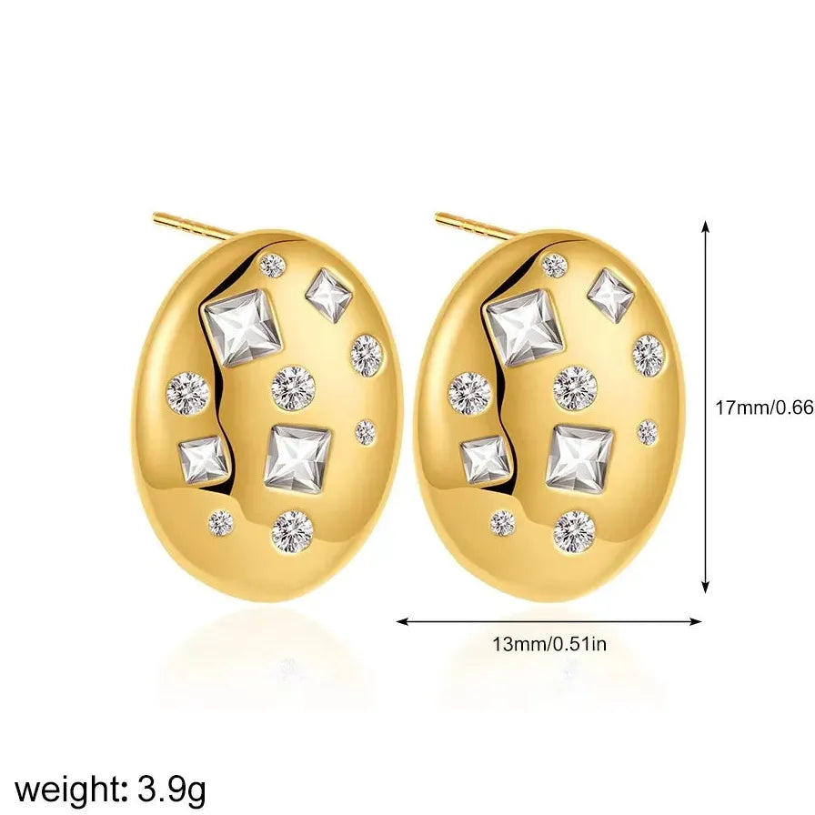 Geometric Oval Cubic Zirconia Stud Earrings and White Crystal Pendant Necklace