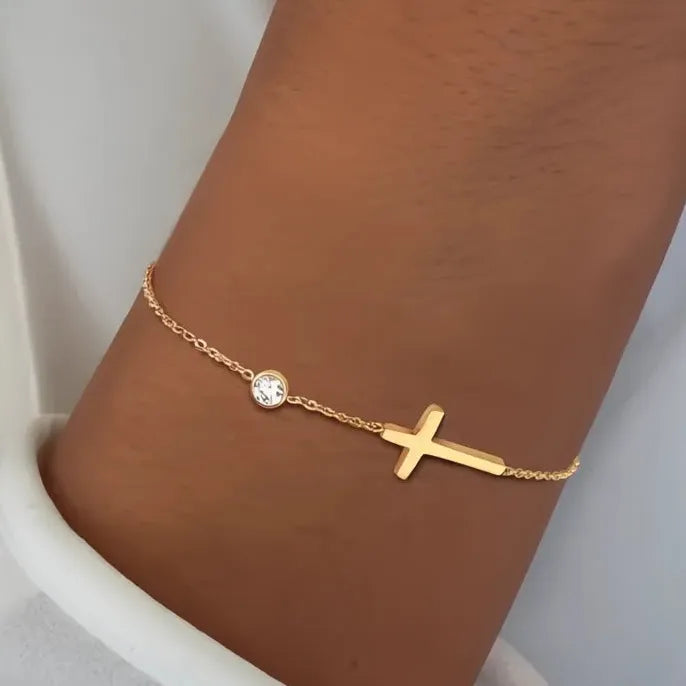 Copper Link Chain Bracelet with Cubic Zirconia Cross Charm Faith Jewelry