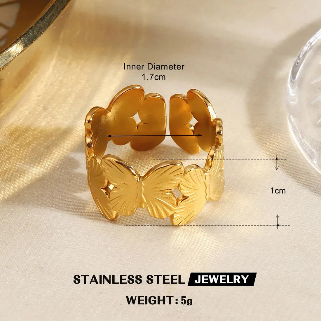 Butterfly Leaf Heart-Shaped 18K Gold Stainless Steel Ring Waterproof Gift Jewelry