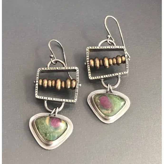 Women’s Blue Resin Inlaid Retro Handmade Metal Pendant Drop Earrings
