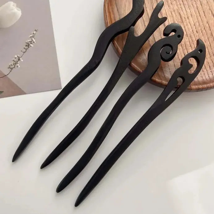 Carved Black Wooden Hair Sticks Traditional Chinese Hair Fork for Women