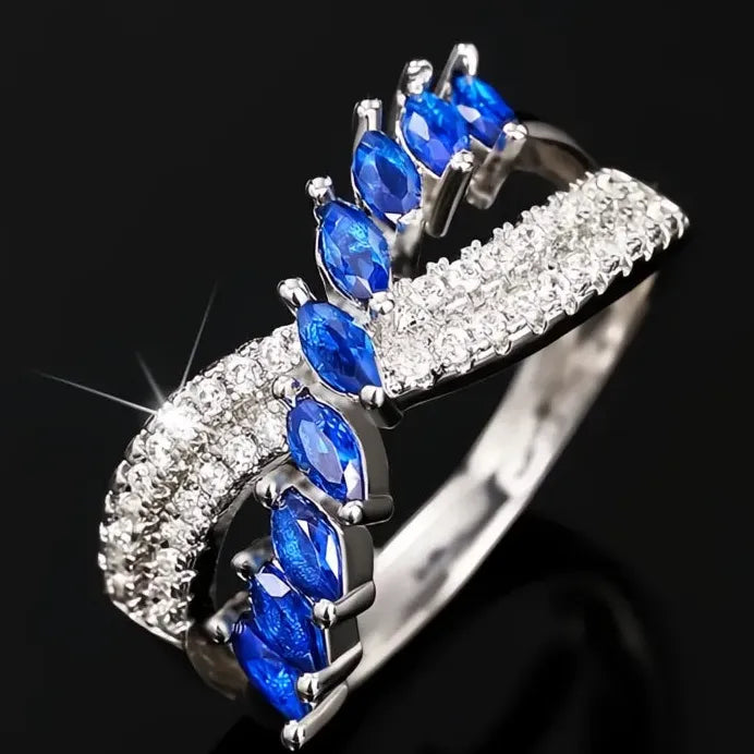Women's Geometric Cross Ring with Blue & White Cubic Zirconia Jewelry