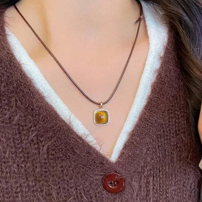 Brown Natural Stone Geometric Pendant Necklace with Leather Rope Chain