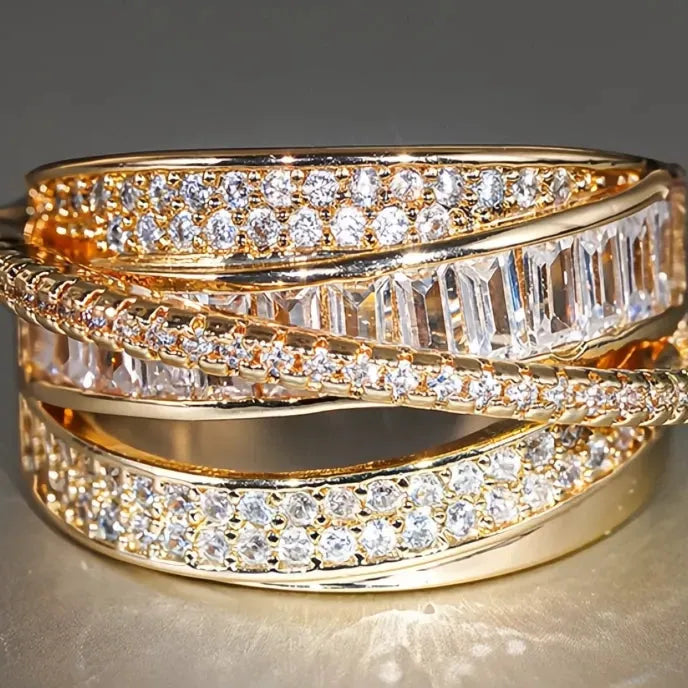 Luxury Gold Color Brass Women Rings with Cubic Zirconia Pave Geometric Design for Wedding Party Engagement