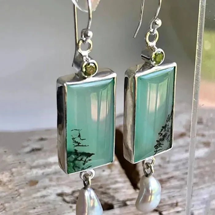 Vintage Geometric Resin Drop Earrings Antique Silver Pearl Pendant Gift