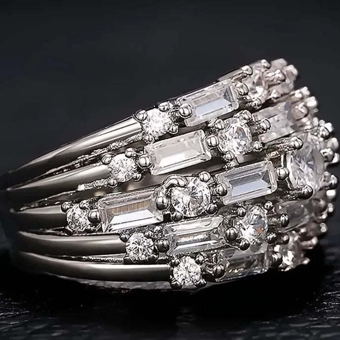 Women Geometric CZ Ring Brass Fashion Party Jewelry Shining Cocktail Ring
