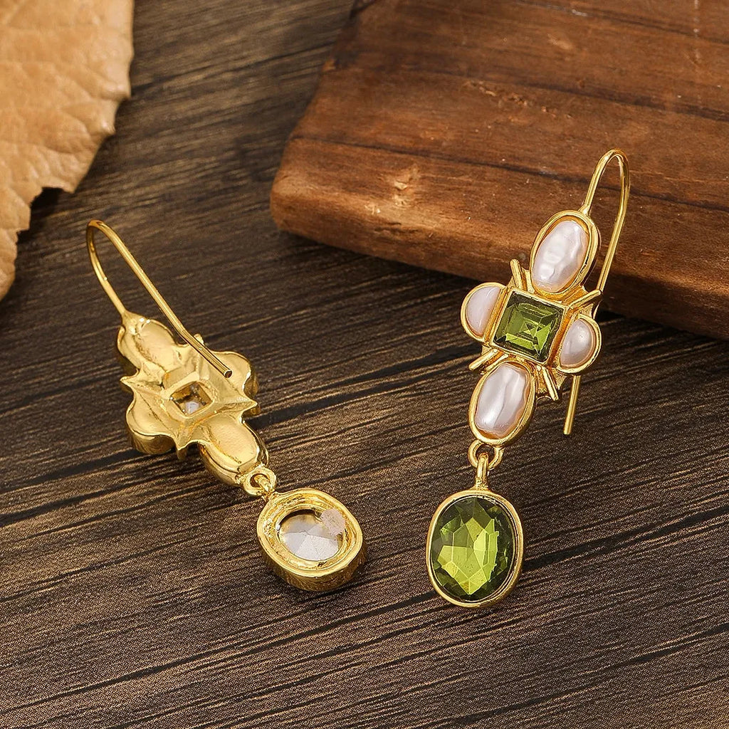 Geometric Green Stone Inlay Pearl Dangle Earrings for Women Party Jewelry
