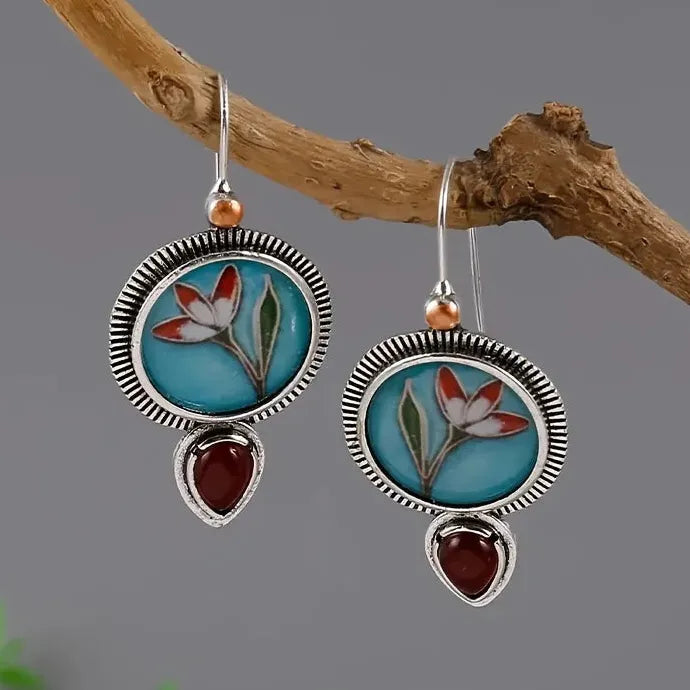Vintage Ethnic Water Droplet Earrings Purple Stone Zinc Alloy Dangle Jewelry