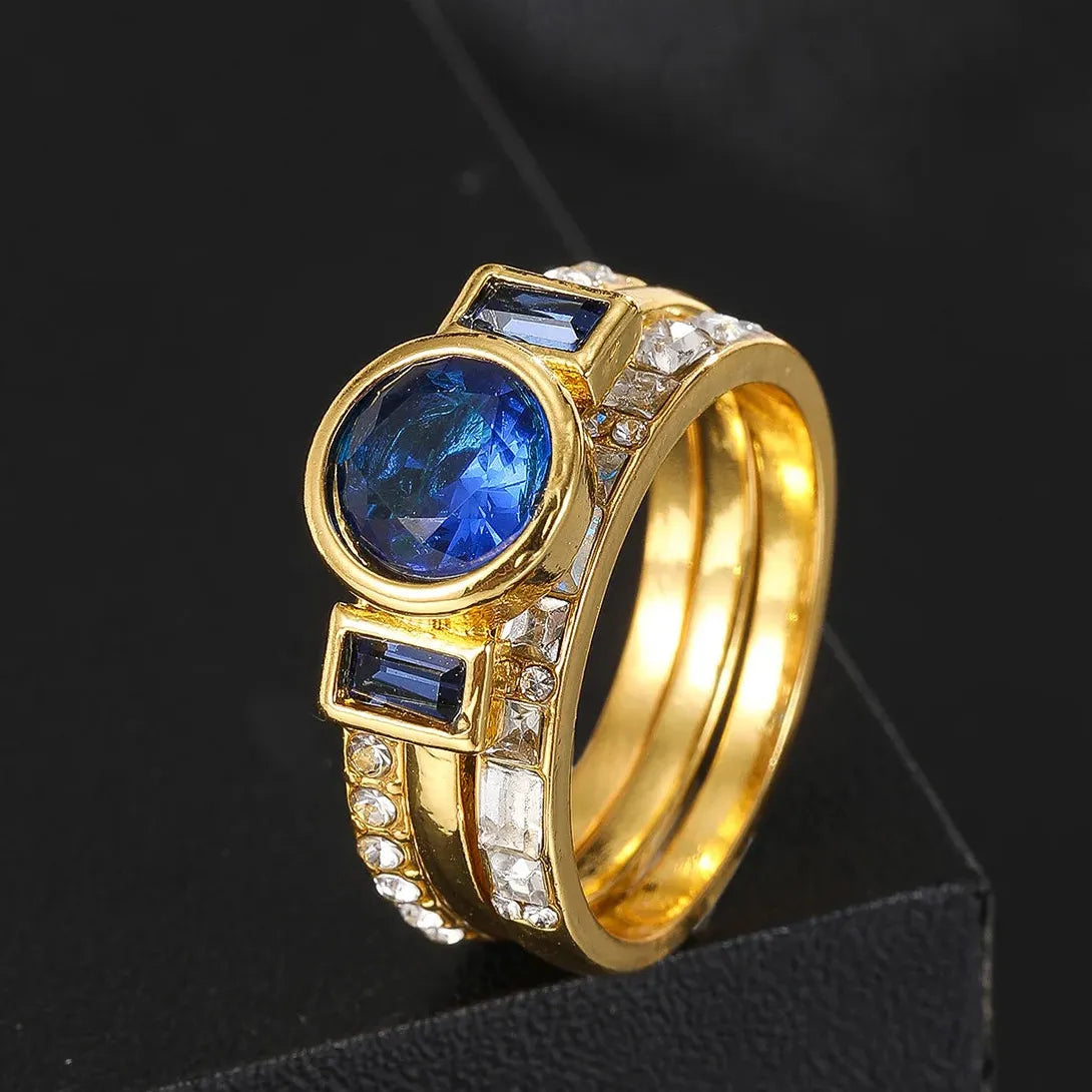 3Pcs Women’s Fashion Gold Zinc Alloy Blue Round Stone Rings Party Gift