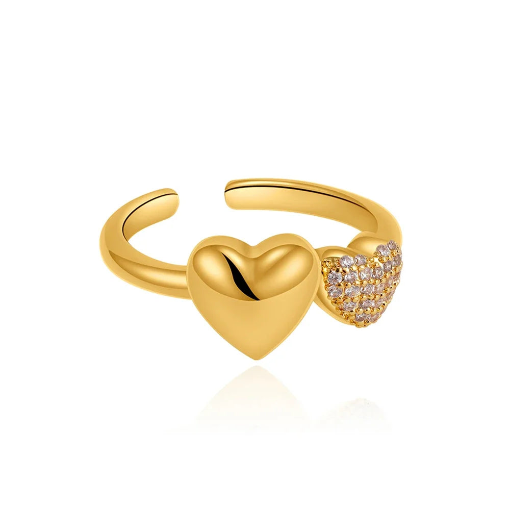 18K Gold Plated Double Heart Ring for Women Adjustable Micro Pave Zircon Jewelry