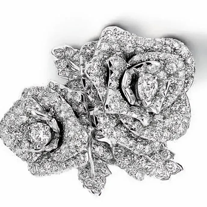 Cubic Zirconia Rose Shape Ring for Women, Brass Plant Design Wedding Band Gift