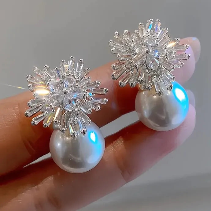 Simulated Pearl & Cubic Zirconia Geometric Drop Earrings for Women Brass Alloy