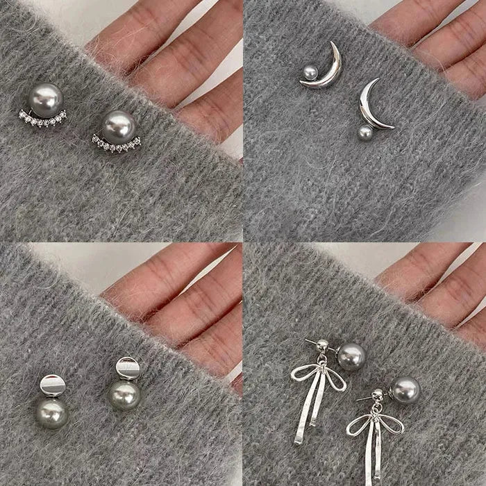 Moon Gray Pearl Stud Earrings Copper Moon Bowknot Jewelry Gift Women