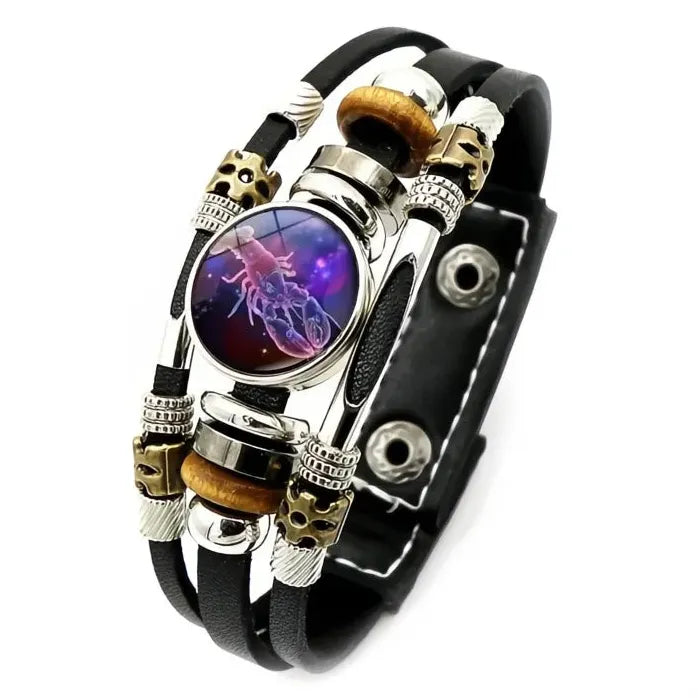 12 Constellation Zodiac Leather Bracelet with Glass Snap Button Unisex