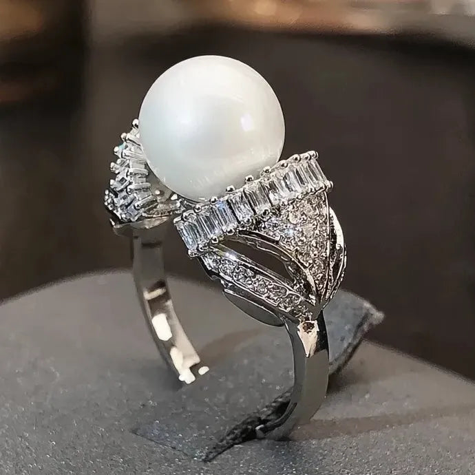 Simulated Pearl Cocktail Ring with Cubic Zirconia Brass Engagement Gift