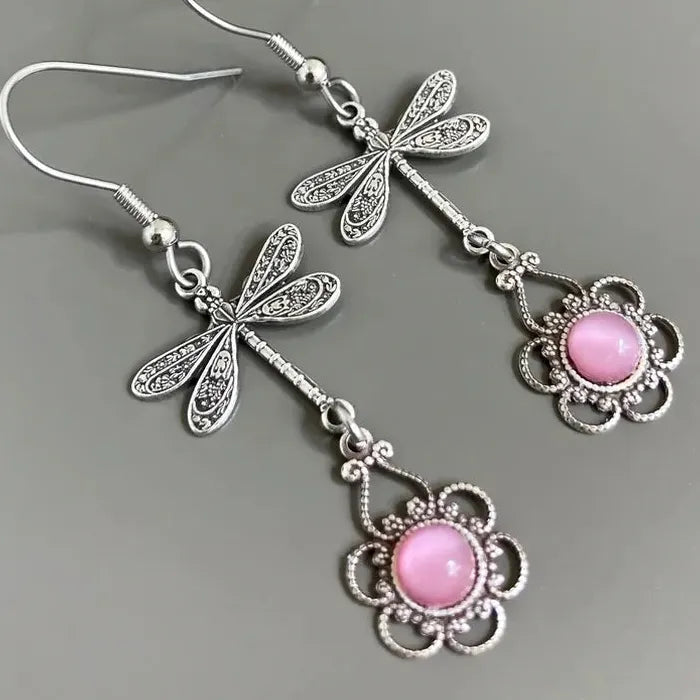 Pink Retro Bohemian Geometric Flower Pendant Drop Earrings for Women Zinc Alloy