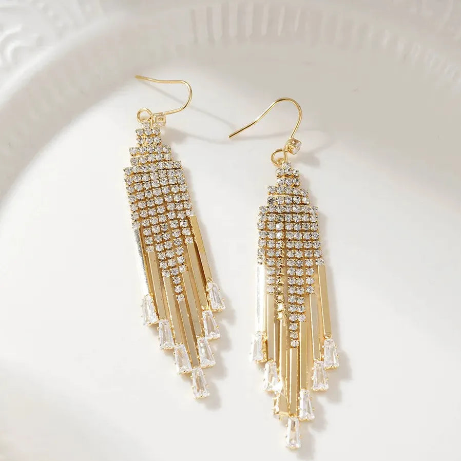 Luxury Copper Zircon Geometric Tassel Drop Earrings for Women Stylish Gift