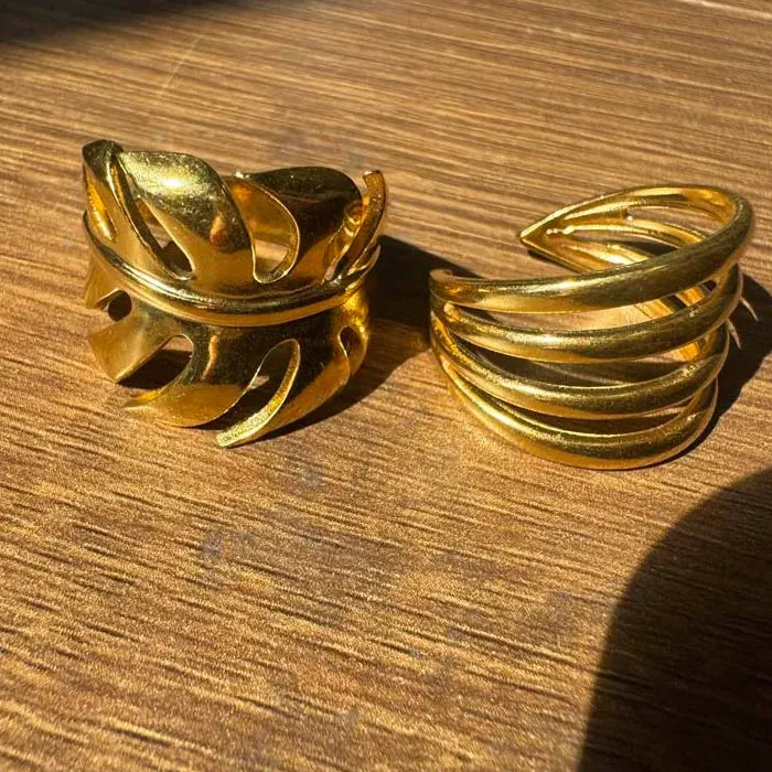 Stainless Steel Leaf Geometric Multi-Layer Open Cocktail Ring for Women Jewelry