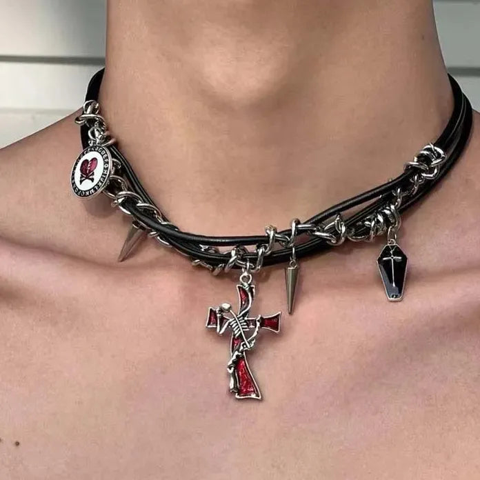 Retro Silver Rivet Cross Pendant Necklace Unisex Punk Hip Hop Y2K Gift