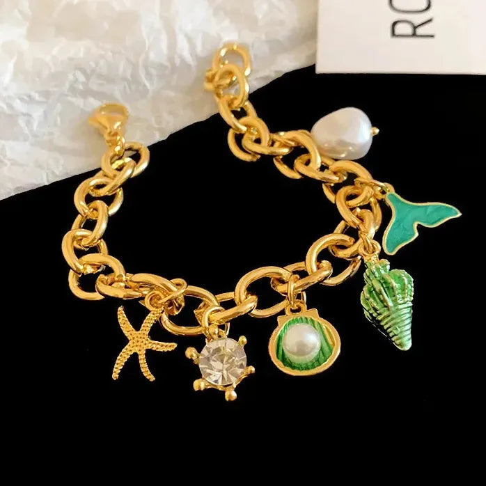 Drop Oil Fish Tail Conch Pearl Copper Alloy Chain Bracelet for Men & Women