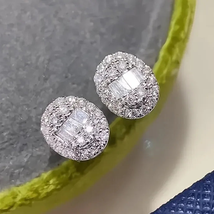 Oval Geometric Brass Stud Earrings with Cubic Zirconia for Women