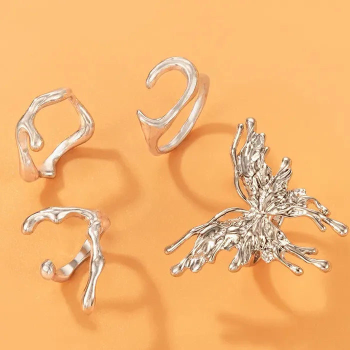 Silver Metal Liquid Butterfly Rings Set Women Gothic Punk Jewelry