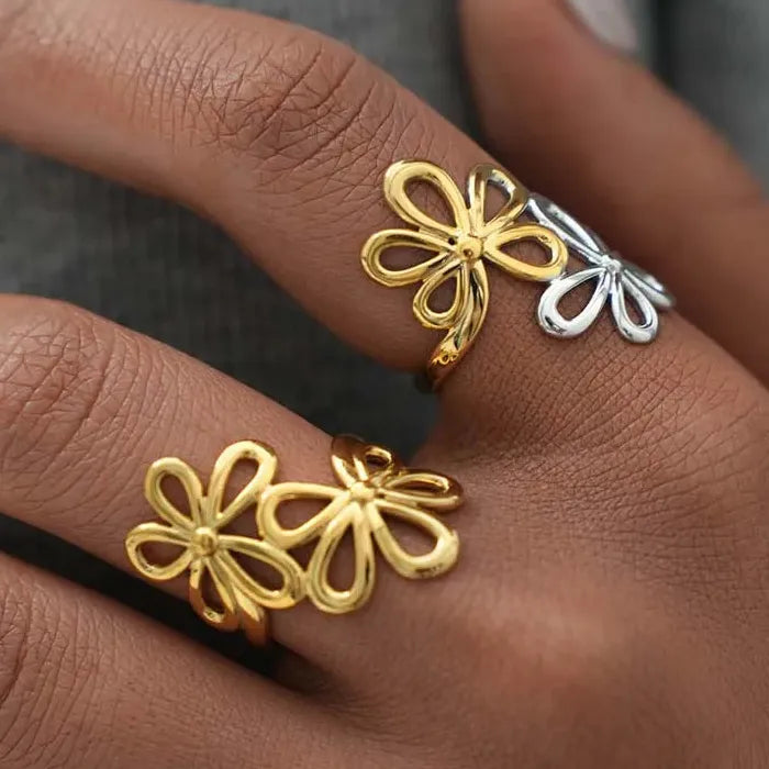 Adjustable Gold Color Stainless Steel Flower Ring Women Geometric Jewelry