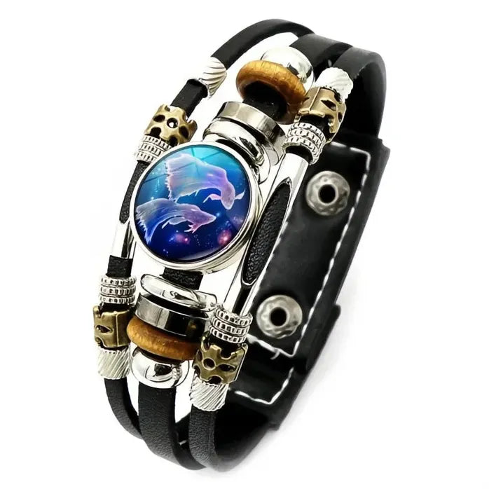 12 Constellation Zodiac Leather Bracelet with Glass Snap Button Unisex