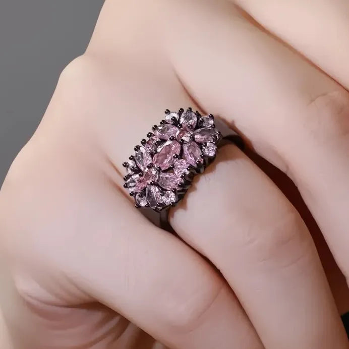 Black Brass Pink Cubic Zirconia Flower Ring Elegant Romantic Cocktail Jewelry