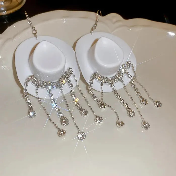 Cowboy Hat Tassel Earrings Women Copper Alloy Rhinestone Drop Y2K Jewelry