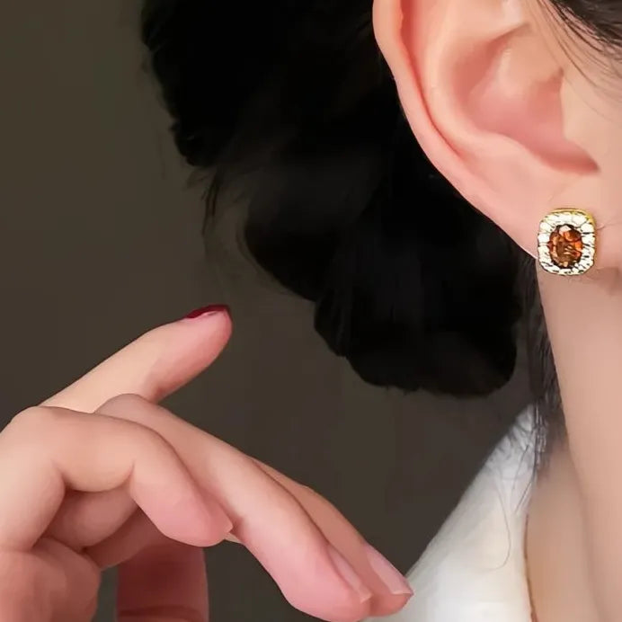 Gold Tone Red Zirconia Geometric Stud Earrings for Women Wedding Jewelry