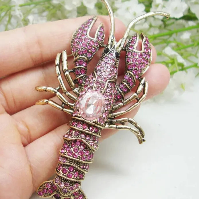 Pink Champagne Lobster Brooch Pin Rhinestone Crystal Corsage Jewelry