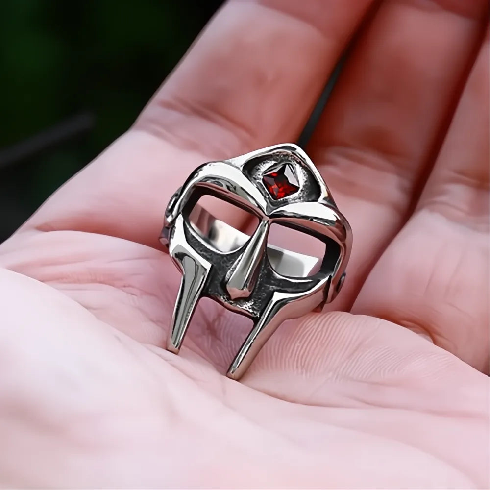 Gothic Vintage MF DOOM Mask Ring Stainless Steel Red Stone Punk Biker Jewelry Men Women