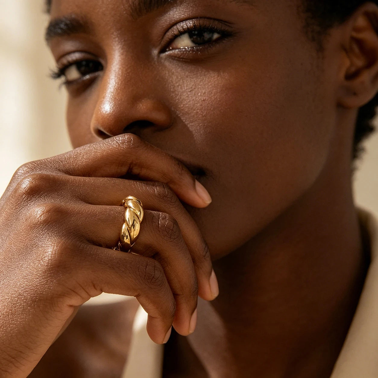 Vintage Gold Plated Copper Geometric Twist Rope Round Knuckle Ring for Women