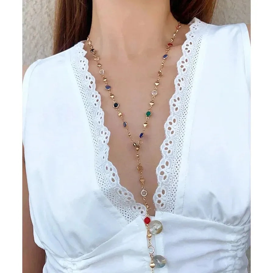 Colorful Crystal Y-Shaped Zinc Alloy Necklace Gold Silver Collarbone Chain