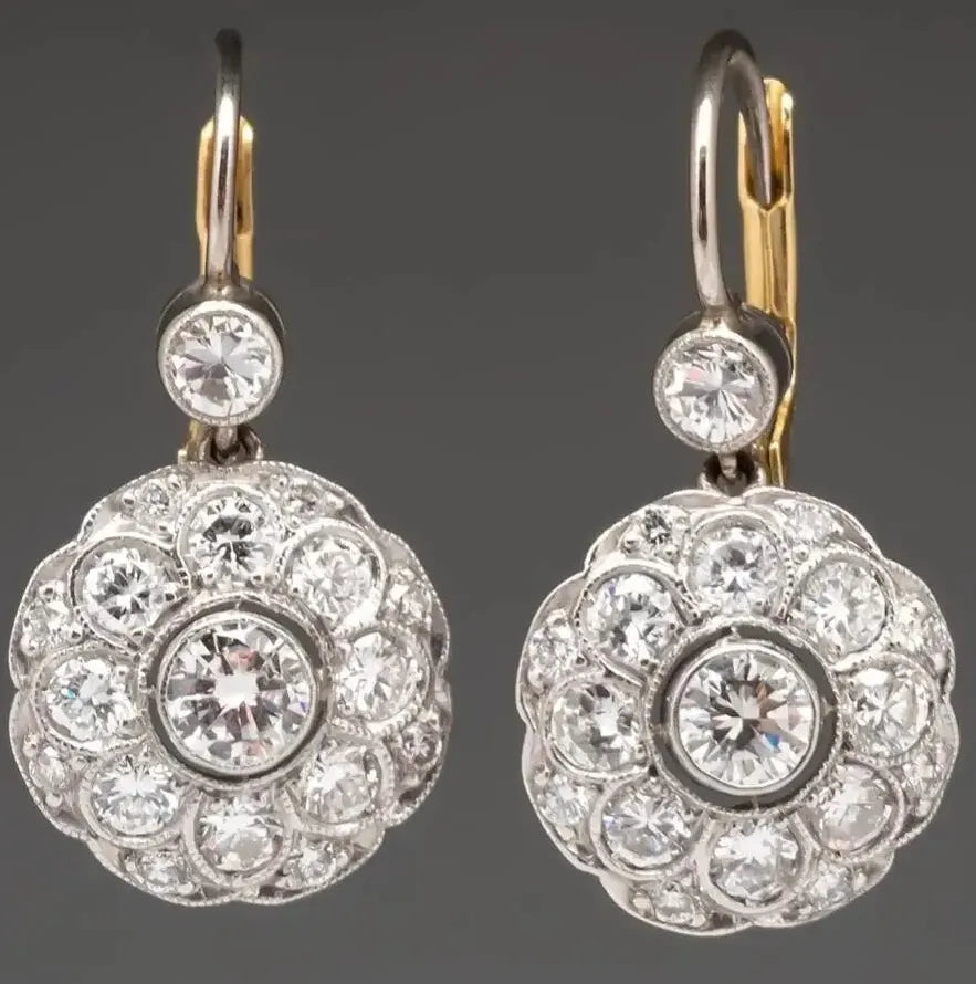 Vintage Elegant Flower Inlay Silver Zircon Drop Earrings for Women Party Jewelry