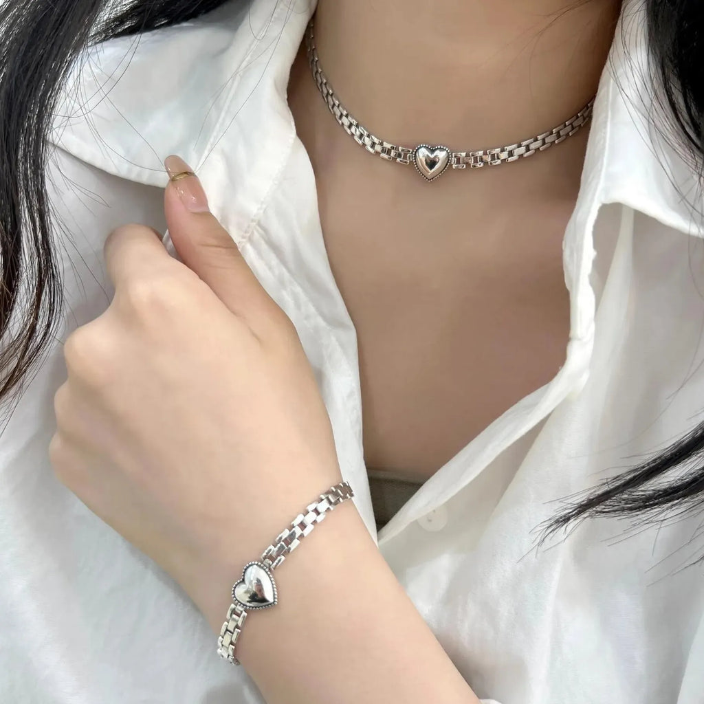 Stainless Steel Heart Charm Bracelet Thick Chain Punk Hip Hop Jewelry Women