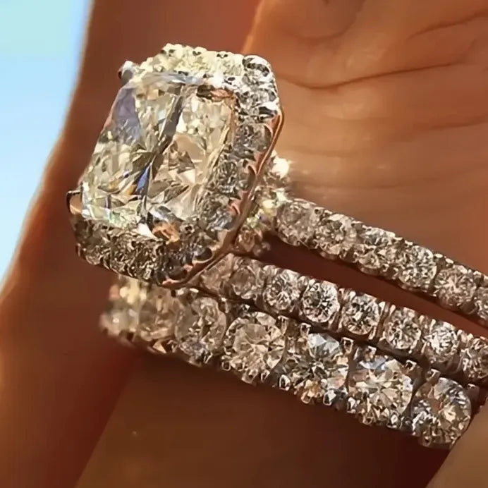 2023 Women’s Geometric Square Cubic Zirconia 3-Piece Wedding Ring Set