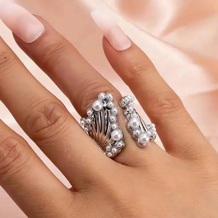Adjustable Korean Silver Pearl Open Ring for Women Girls Fashion Jewelry