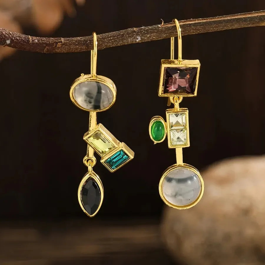 Gold Geometric Drop Earrings with Natural Stone Inlay Bridal Wedding Jewelry Gifts