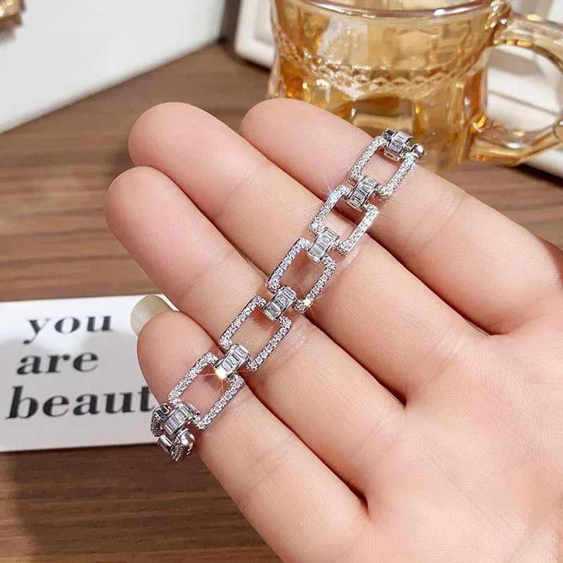 Cubic Zirconia Silver Cuban Chain Bracelet with Geometric Design for Women