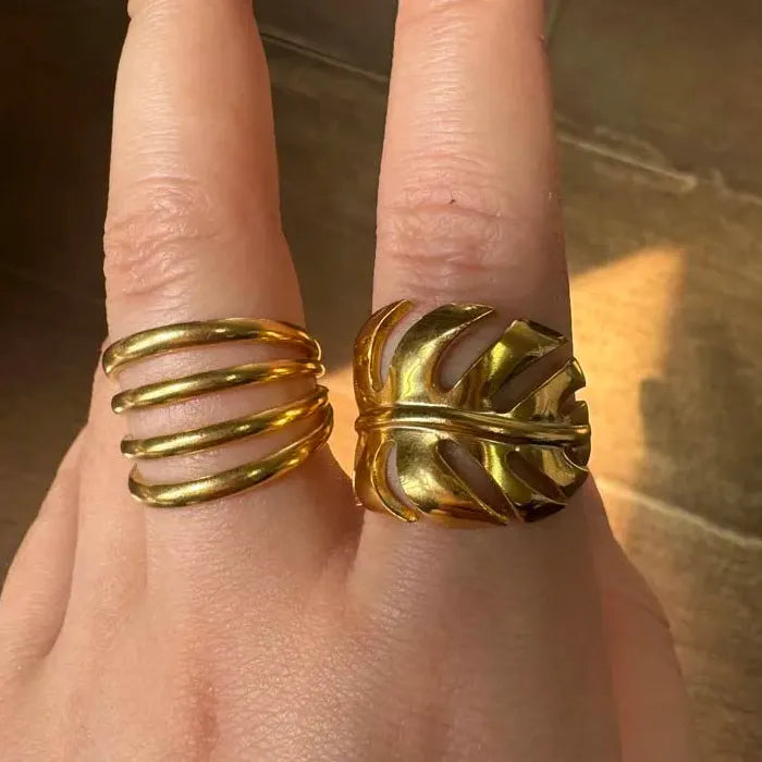 Adjustable Stainless Steel Leaf Wave Line Ring for Women Vintage Gold Jewelry