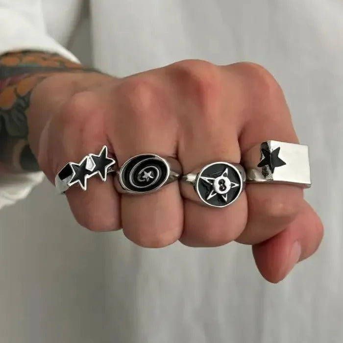 4Pcs Men’s Black Star Wide Hip Hop Geometric Rings Set Adjustable