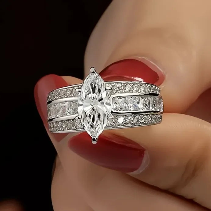 Elegant Women's Marquise Cubic Zirconia Brass Wedding Ring Geometric Band