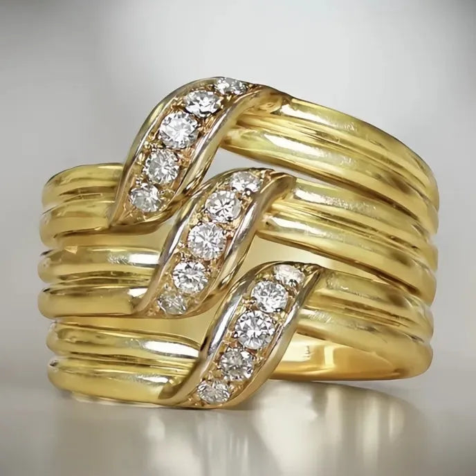 Luxurious Multi-layer Brass Wedding Ring for Women with CZ Geometric Design Gold Color