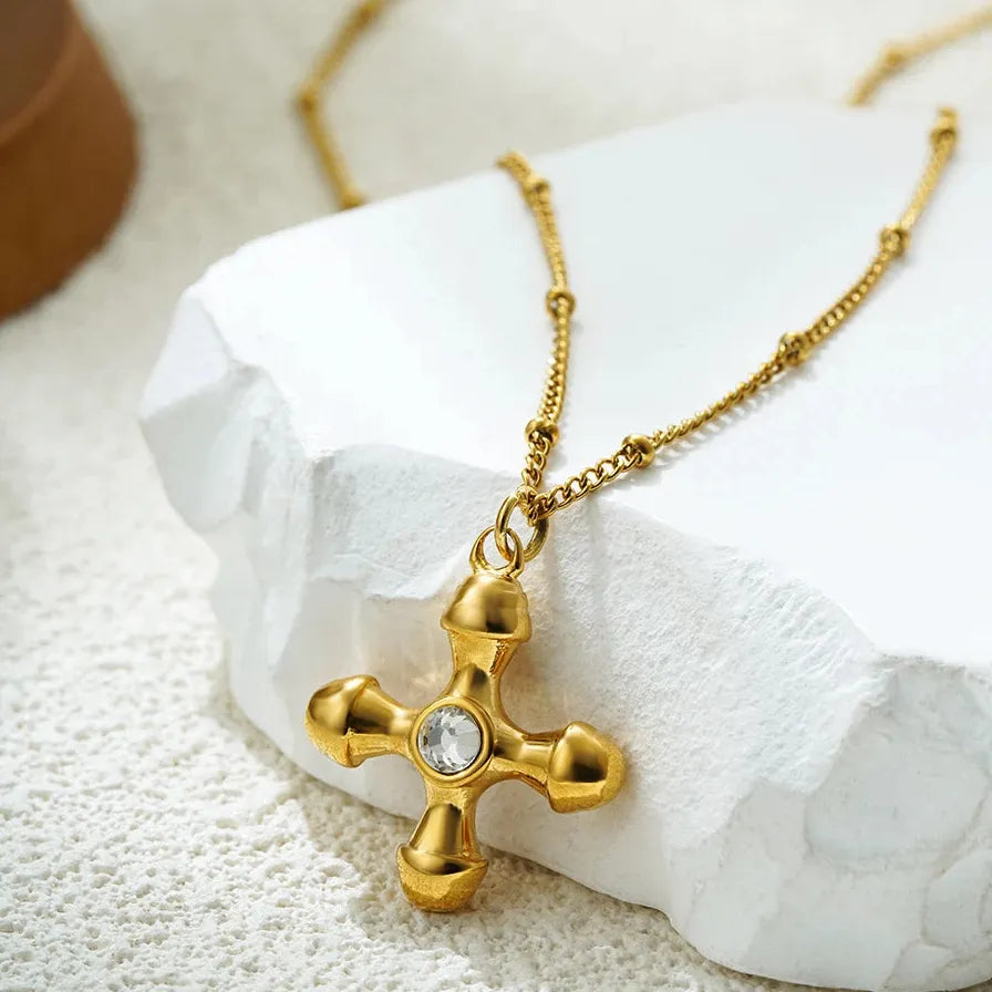 Thick Stainless Steel Cross Pendant Necklace for Women Crystal Bead Chain Choker 2025