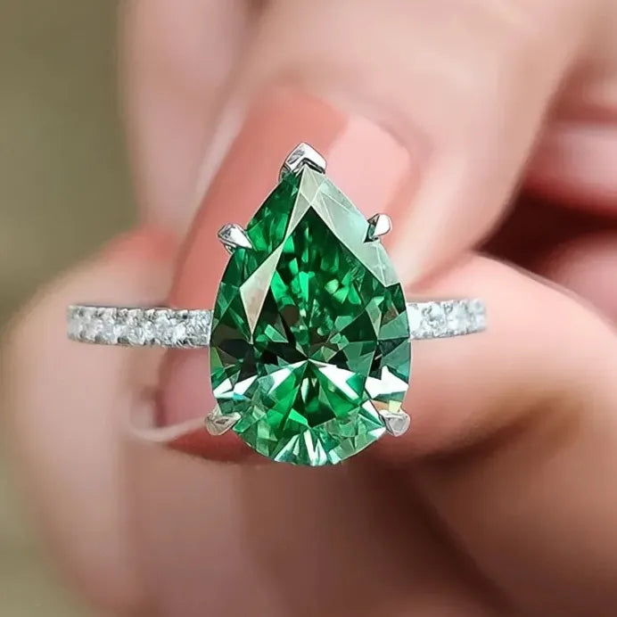 Pear Green CZ Waterdrop Geometric Wedding Engagement Ring for Women