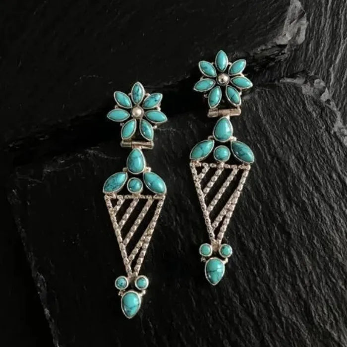 Retro Bohemian Hollow Flower Turquoise Drop Earrings Zinc Alloy for Women