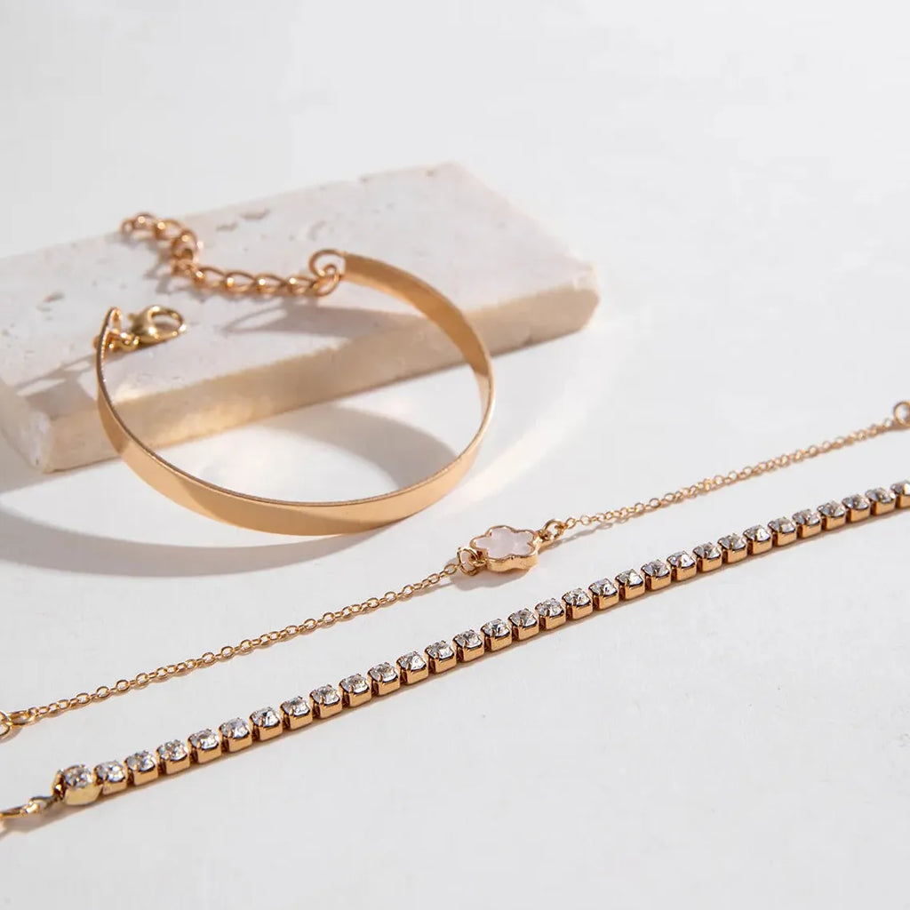 3Pcs Bohemia Minimalism Metal Rhinestone Chain Flower Bracelets for Women Gold